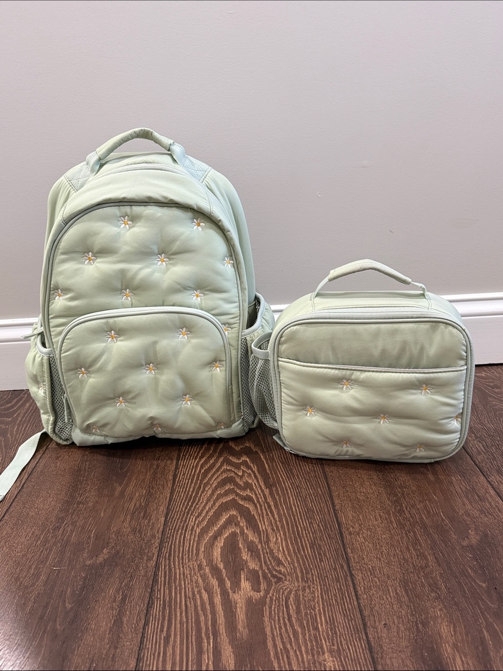 Pottery Barn Kids Puffer Sage Daisies Mackenzie Backpack and Lunchbox